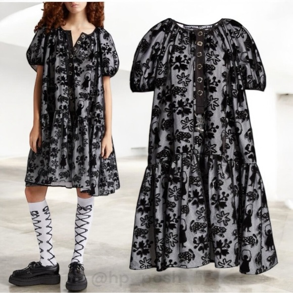 CHOPOVA LOWENA Sweet Sol Devoré Organic Cotton Trapeze Dress in black and white